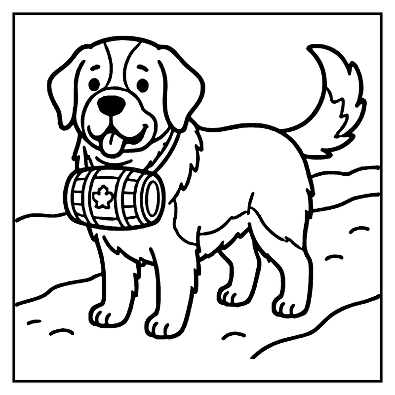 A happy puppy carries a barrel, standing on sandy ground, a dog coloring page
