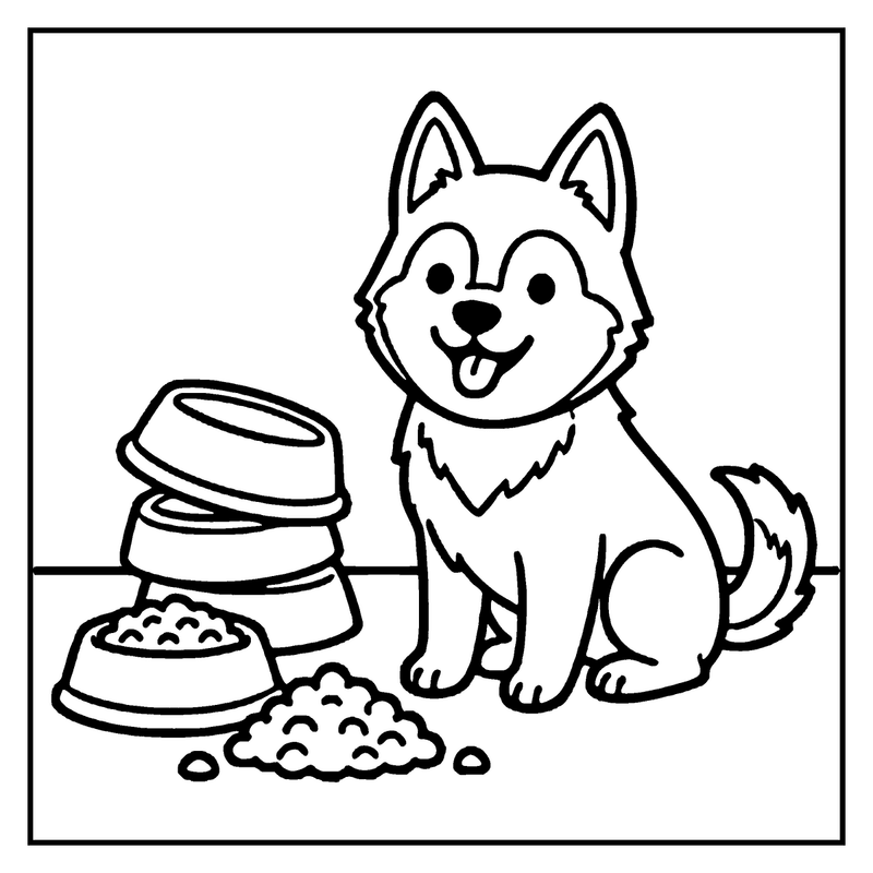A happy puppy sits beside a food bowl, with a pile of dog food in front of it, a dog coloring page