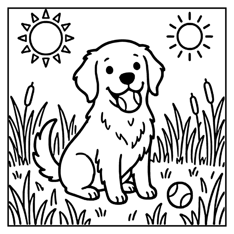 A happy puppy sits in tall grass under two suns, with a tennis ball nearby, a dog coloring page