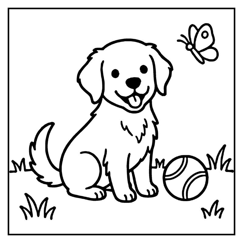 A happy puppy sits on grass, looking at a butterfly and a ball nearby, a dog coloring page