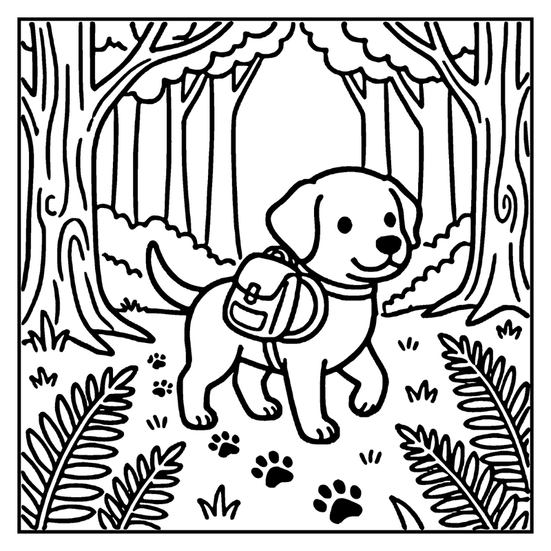 A happy puppy with a backpack is walking through a forest with tall trees, ferns, and paw prints, a dog coloring page