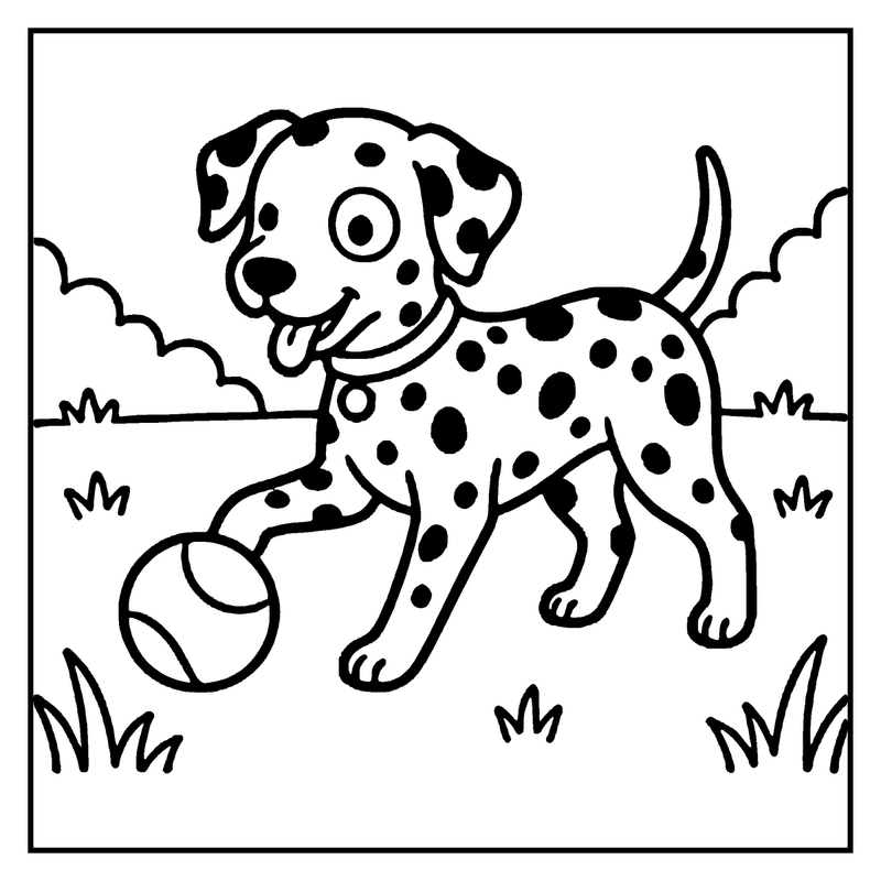 A playful Dalmatian puppy is running with a tennis ball in a grassy field, a dog coloring page