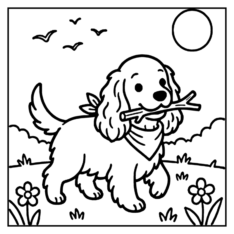 A playful puppy runs through a field, holding a stick in its mouth, with flowers and birds in the sky, a dog coloring page