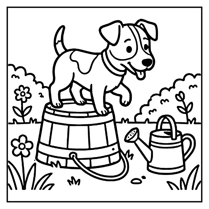 A playful puppy stands on a barrel, surrounded by flowers and a watering can, a dog coloring page