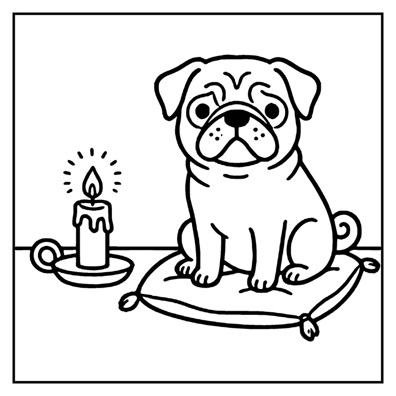 A pug dog sits on a cushion next to a lit candle, looking content, a dog coloring page