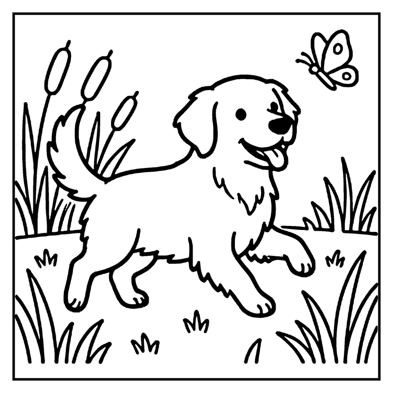 A puppy runs happily in a grassy field, chasing a butterfly, a dog coloring page