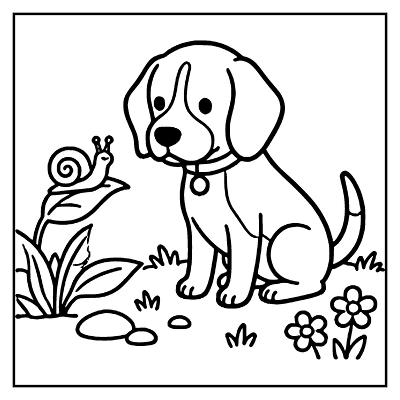 A puppy sits on grass, looking at a snail on a leaf, a dog coloring page