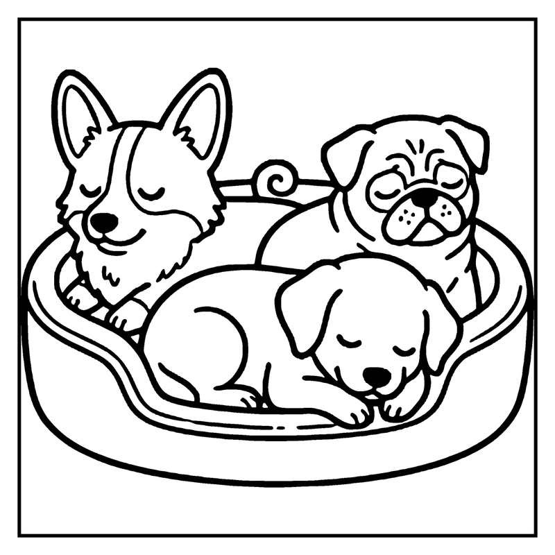 Three puppies are sleeping in a round bed, with one having a fluffy tail and the other two having different fur patterns, a dog coloring page