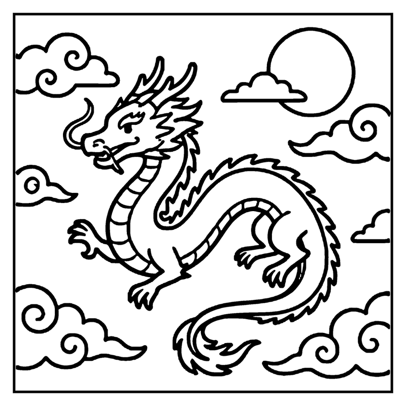 A Chinese dragon sits on clouds, with a full moon and swirling clouds in the background