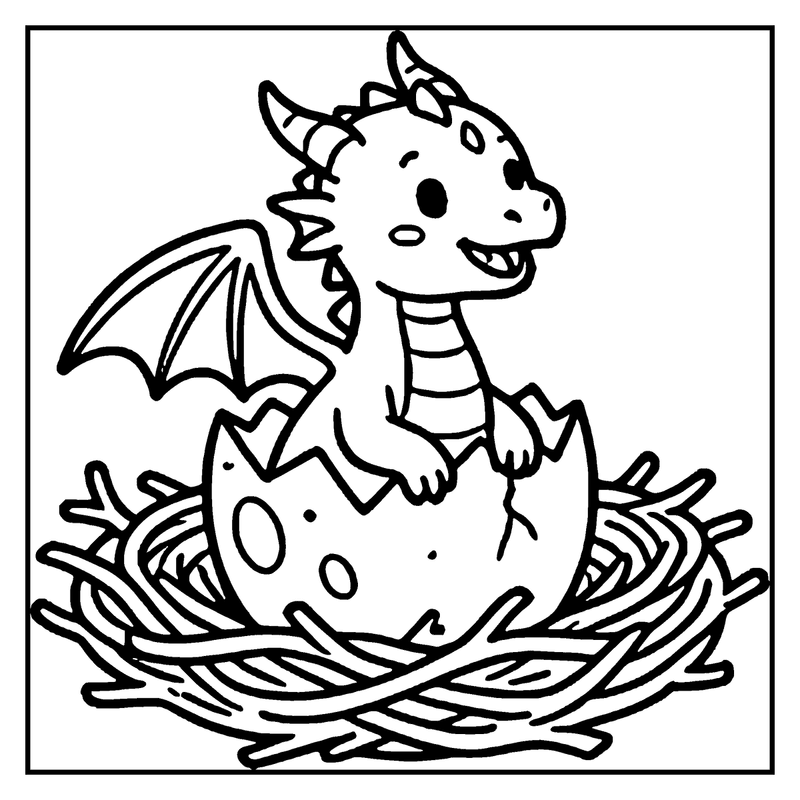 A cute dragon hatching from an egg in a nest