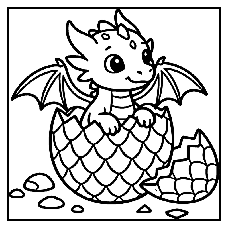 A cute dragon hatching from an egg, surrounded by small rocks