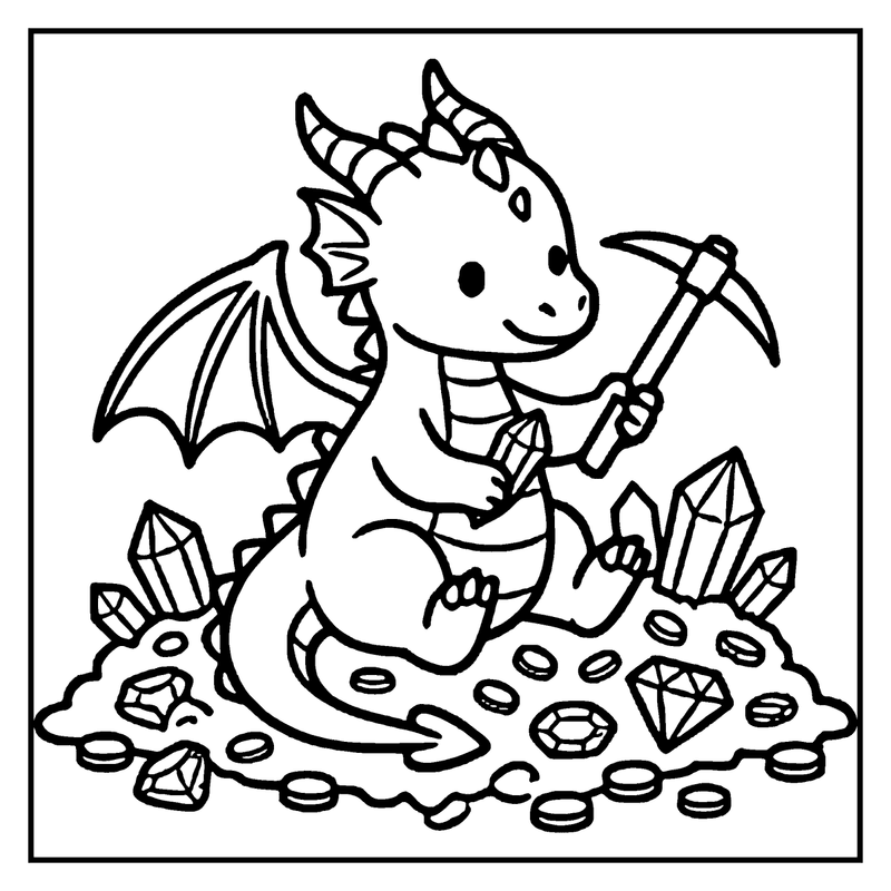 A cute dragon holding a pickaxe, surrounded by shiny crystals and coins, sits happily on the ground