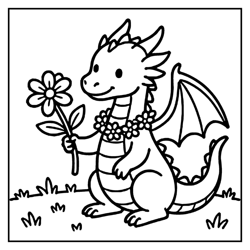 A cute dragon holds a flower, wearing a striped shirt, in a grassy setting