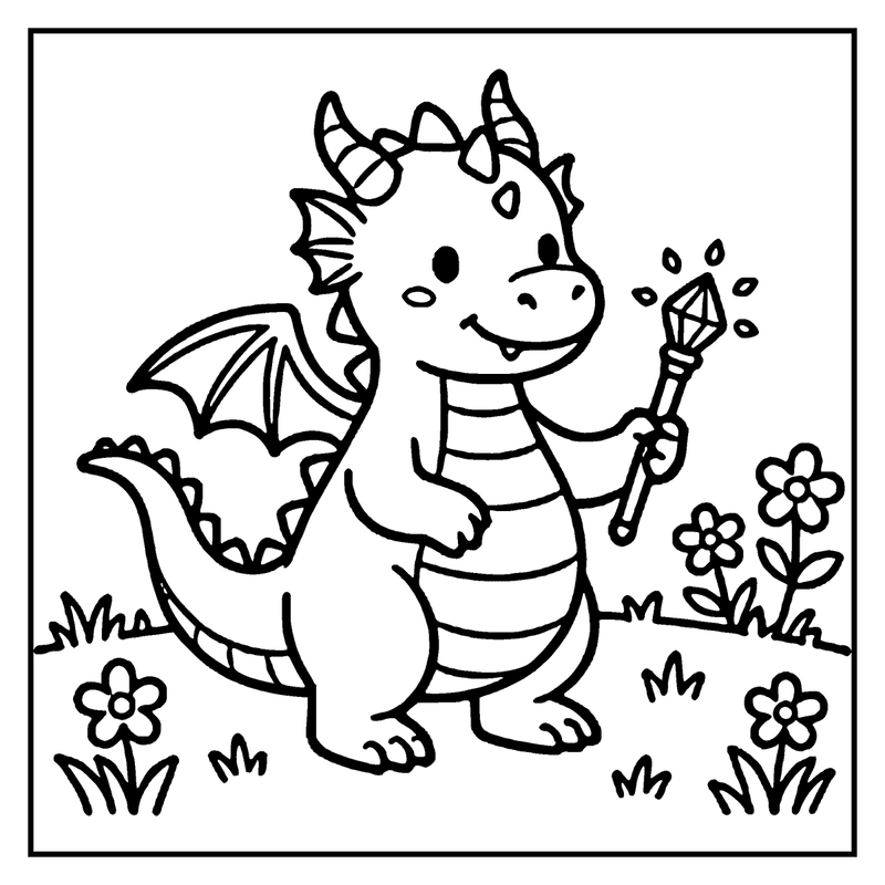 A cute dragon holds a magic wand in a garden with flowers and grass