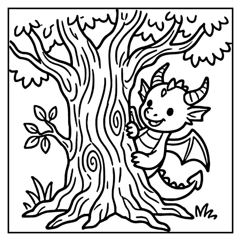 A cute dragon is climbing a tree, with leaves and a small patch of grass at the base