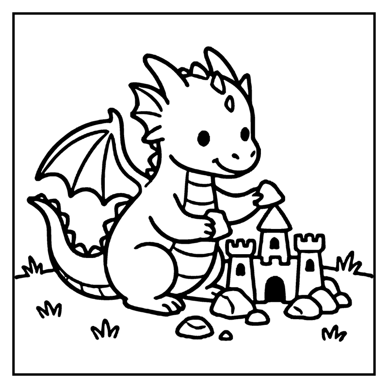 A cute dragon is happily building a sandcastle on a grassy patch
