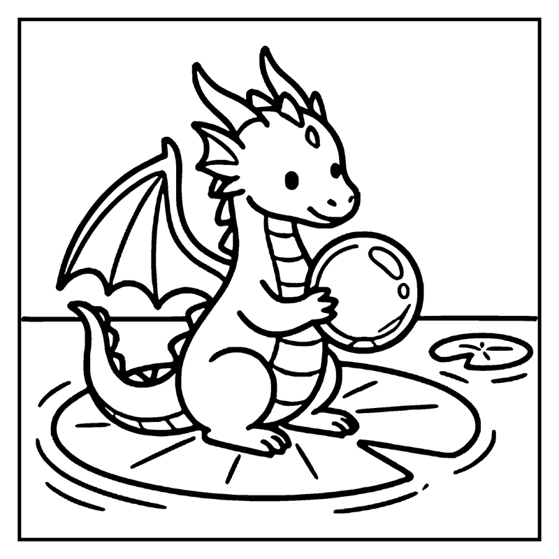 A cute dragon is holding a ball in a pond with a lily pad