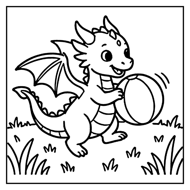 A cute dragon is playing with a beach ball in a grassy field