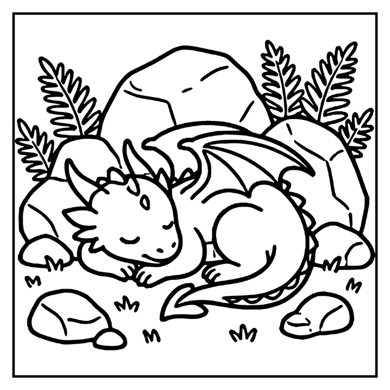 A cute dragon is sleeping on the ground, surrounded by rocks and ferns