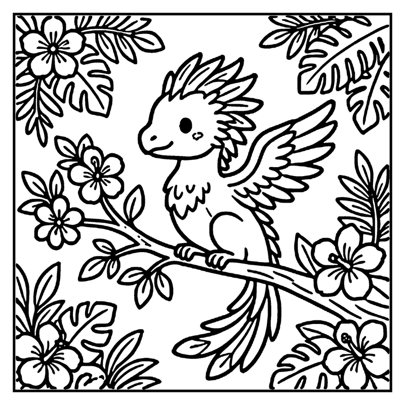 A cute dragon sits on a branch surrounded by flowers and leaves