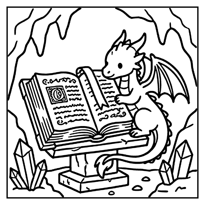 A cute dragon sits on a stone pedestal, reading an open book with a magical symbol on the cover, surrounded by crystals and cave walls