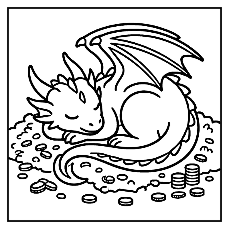 A cute dragon sleeping on a pile of coins in a black and white drawing