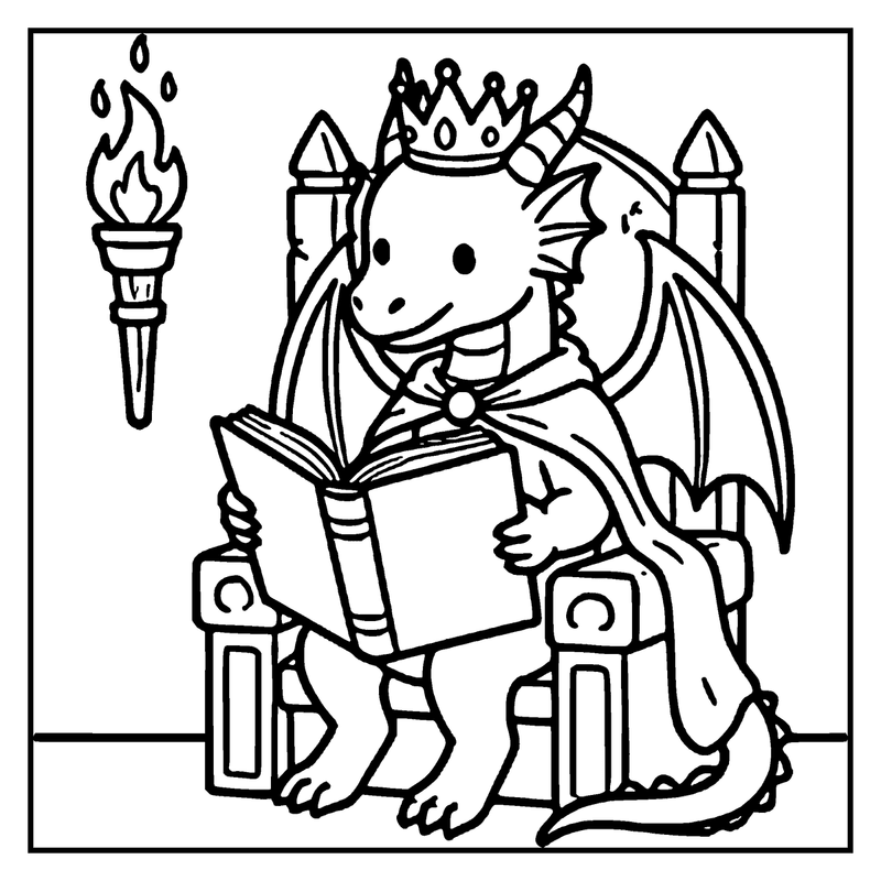 A cute dragon wearing a crown sits on a throne, reading a book with a torch nearby