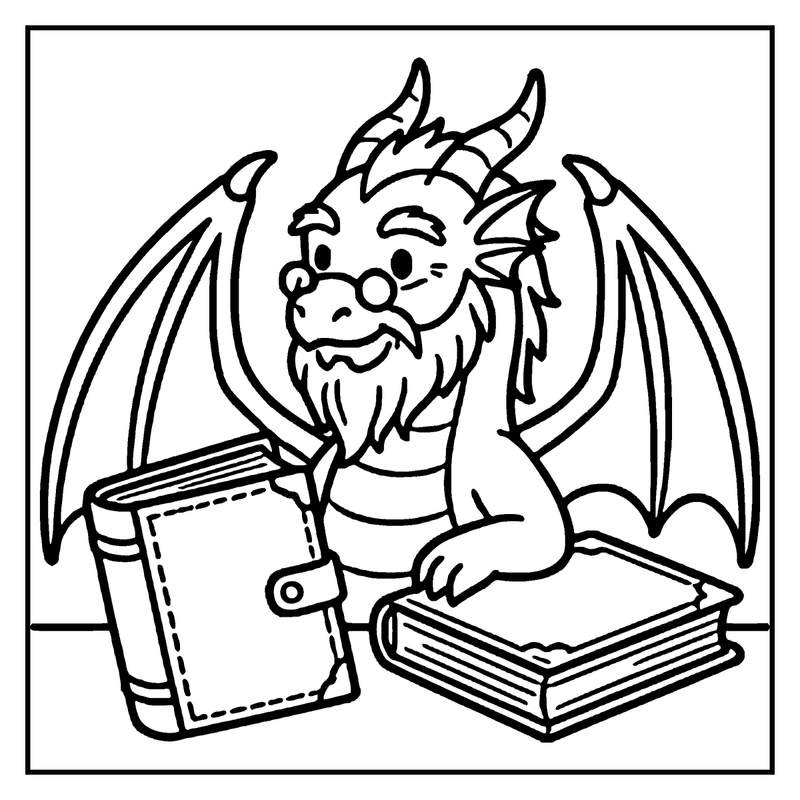 A cute dragon with wings is sitting between two books, looking thoughtful