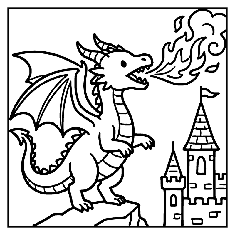 A dragon breathing fire, standing on a cliff, near a castle with a flag