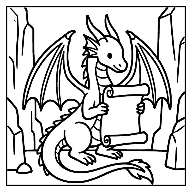 A dragon holds a scroll in a forest with leafless trees