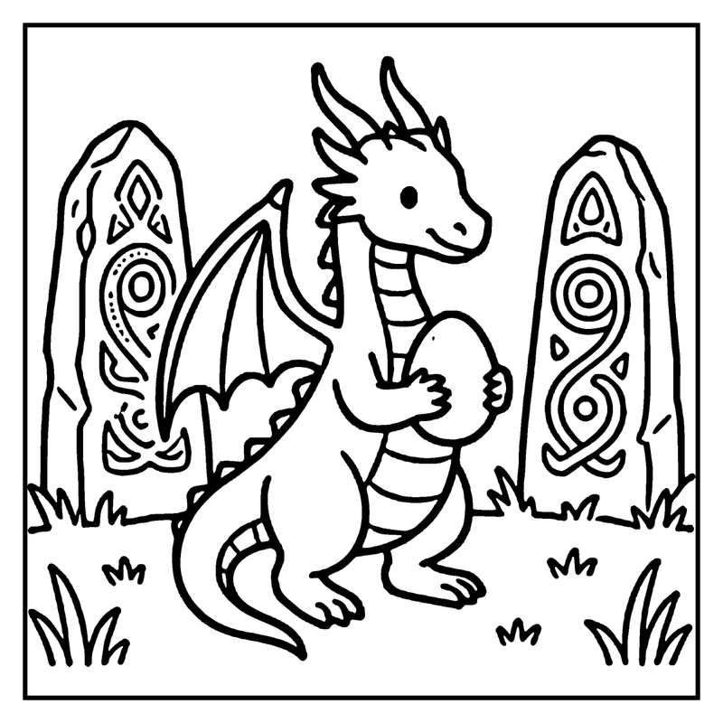 A dragon holds an egg between its front paws, standing between two stone pillars with intricate carvings