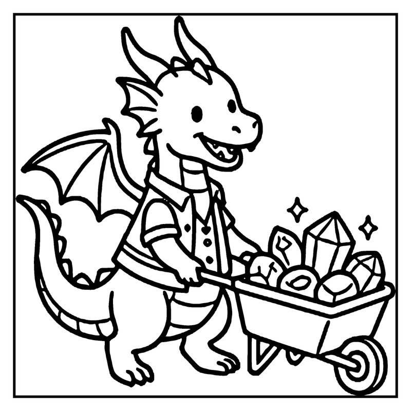 A dragon in a suit pushes a wheelbarrow filled with shiny gems