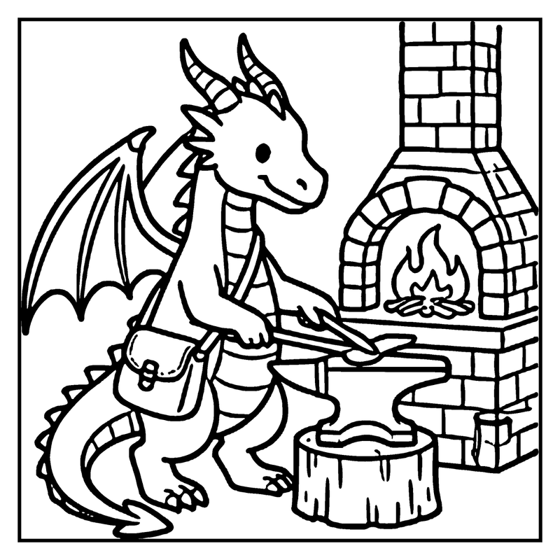 A dragon is cooking fish over a fire in a brick oven