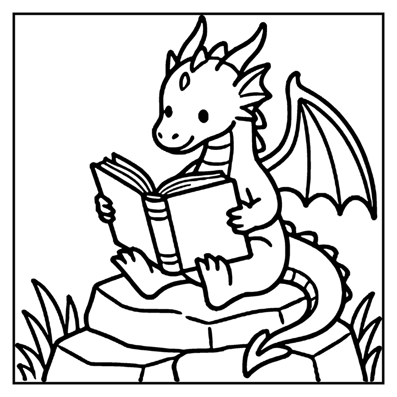 A dragon is sitting on grass, reading a book with wings spread wide