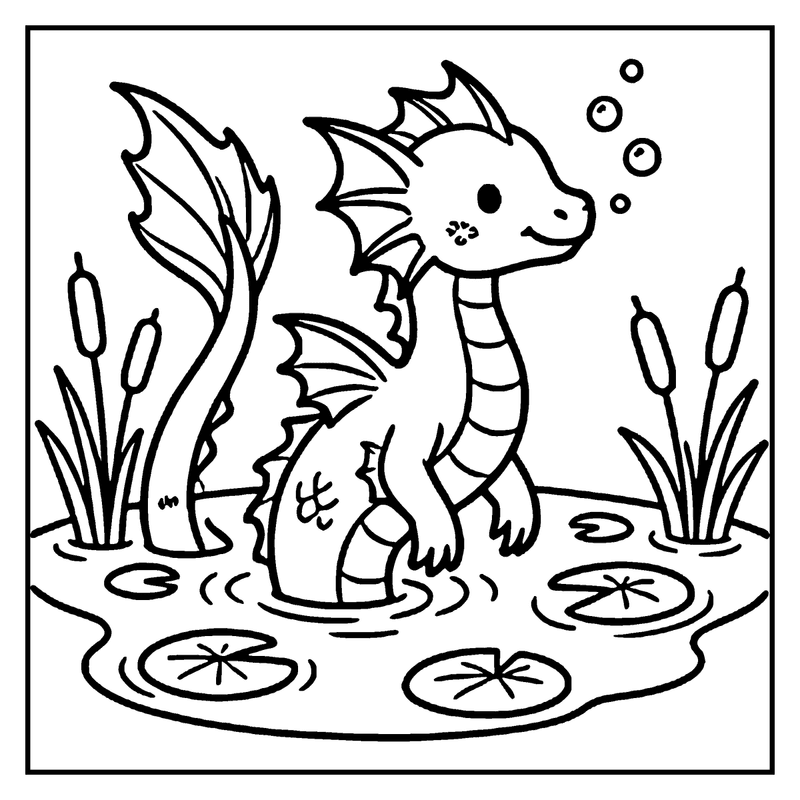 A dragon is swimming in a pond, surrounded by lily pads and cattails
