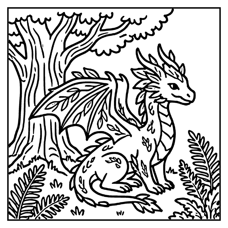 A dragon sits by a tree, surrounded by leaves and ferns