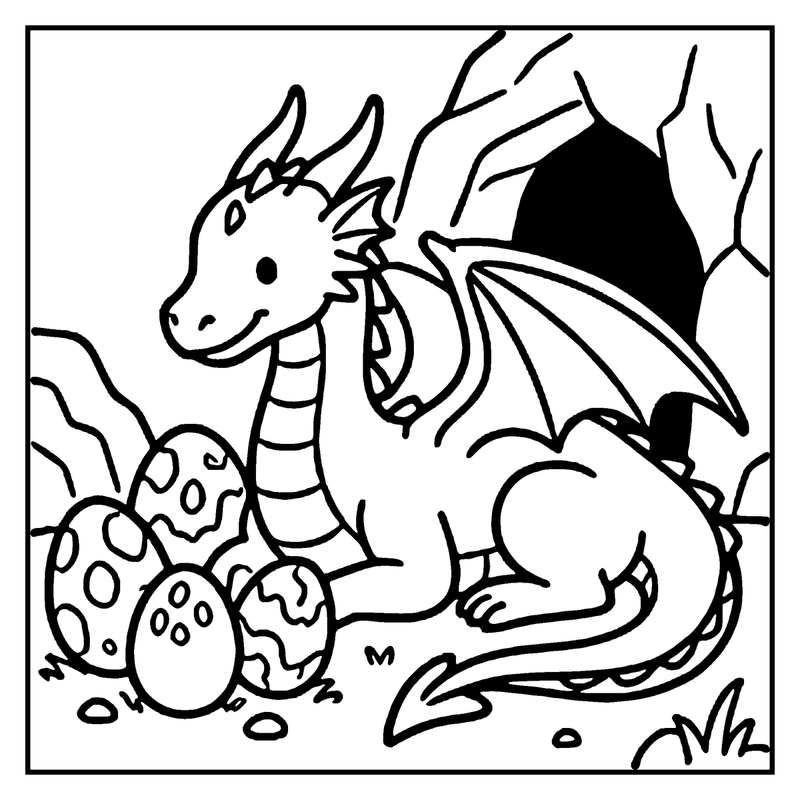 A dragon sits happily with three eggs in a nest, surrounded by branches and grass