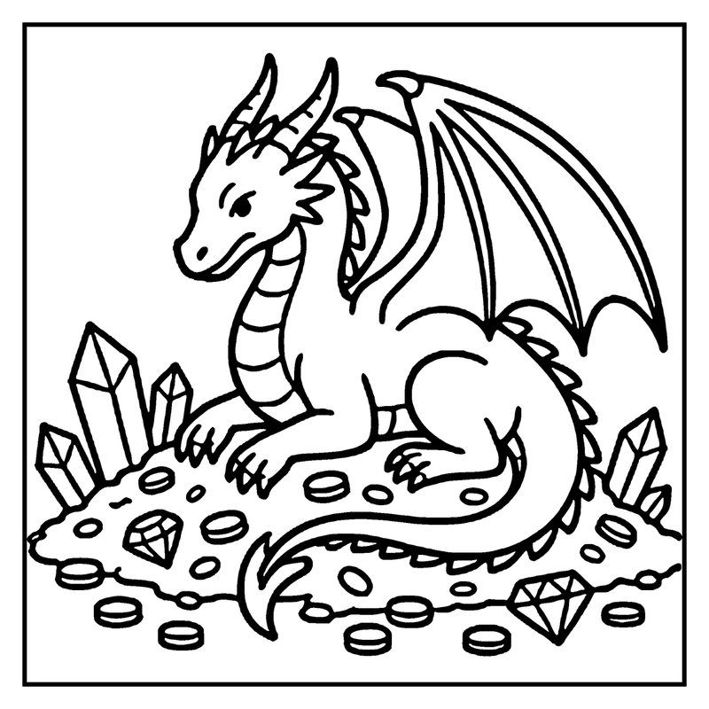 A dragon sits on a pile of coins and crystals, surrounded by more coins and a diamond
