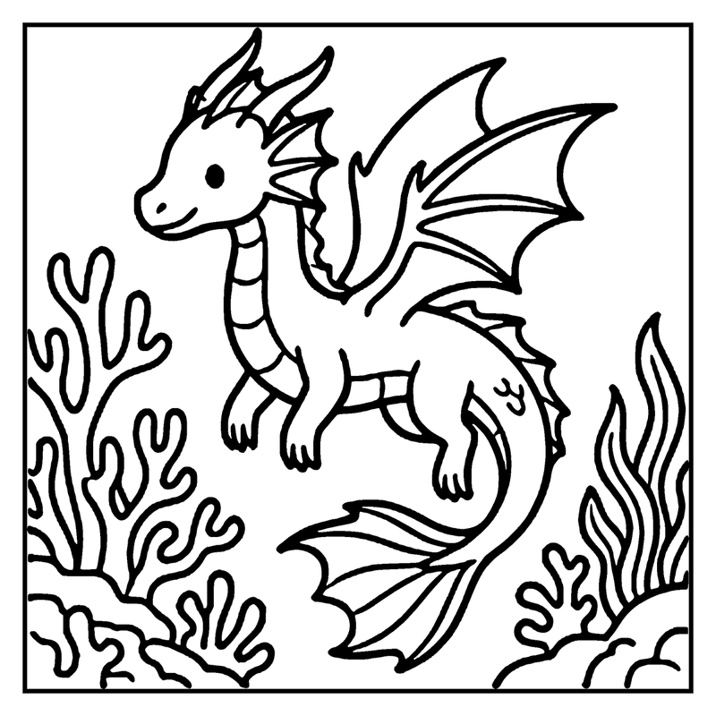 A dragon sits on seaweed, wings spread wide, in a black and white drawing