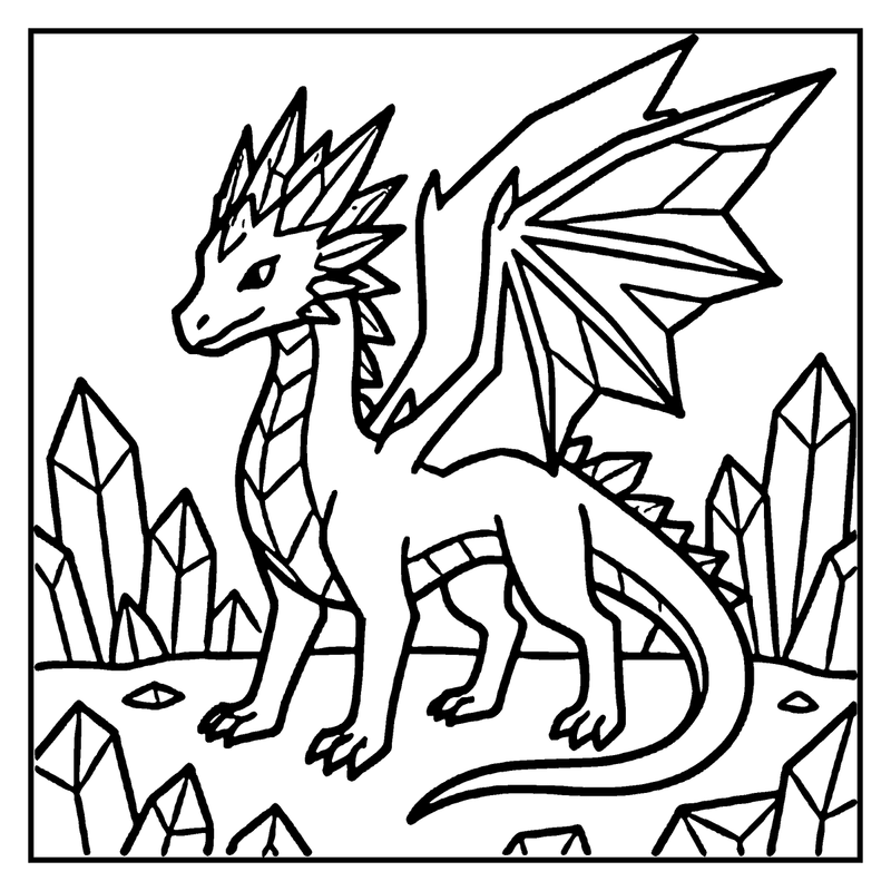 A dragon stands proudly, surrounded by crystal-like structures, in a mystical landscape