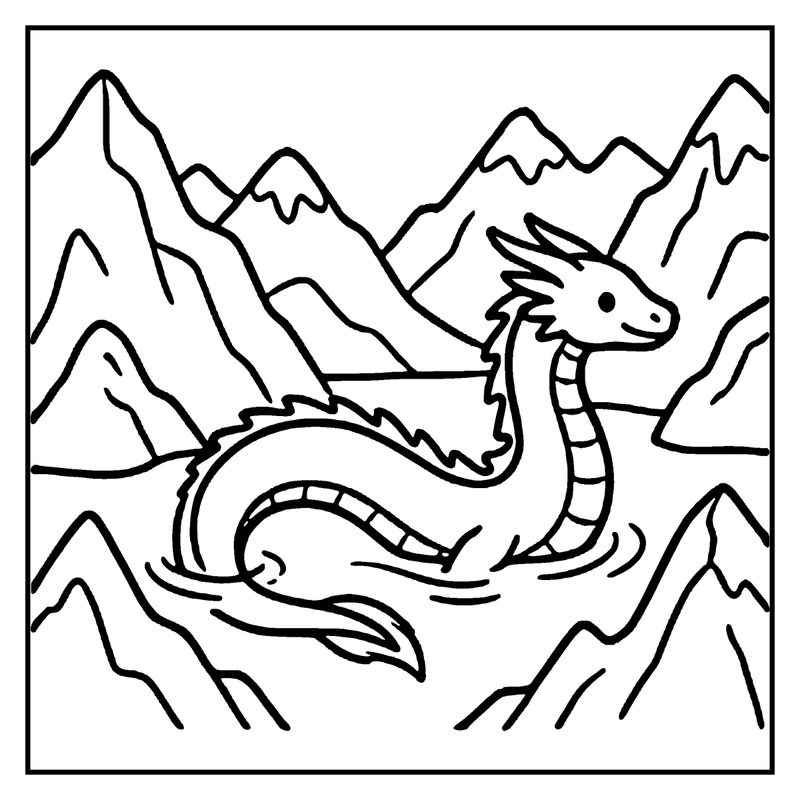 A dragon swims in the water with mountains in the background