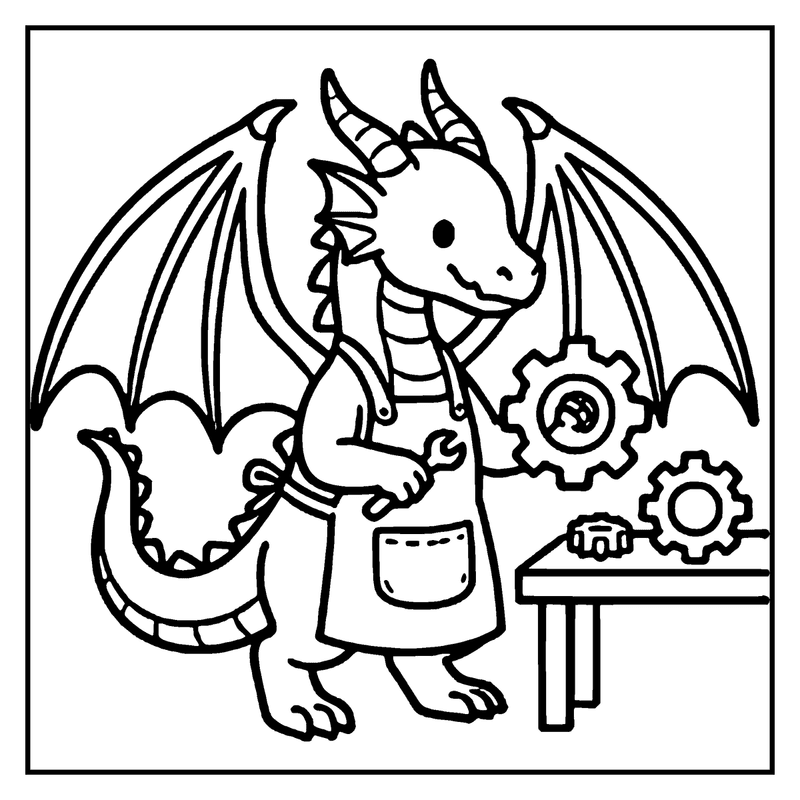 A dragon wearing an apron is working on a table with gears and a wrench