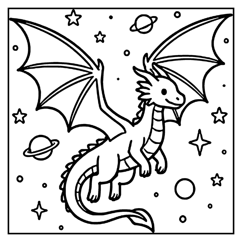 A dragon with wings and a striped tail is flying through space, surrounded by stars and planets
