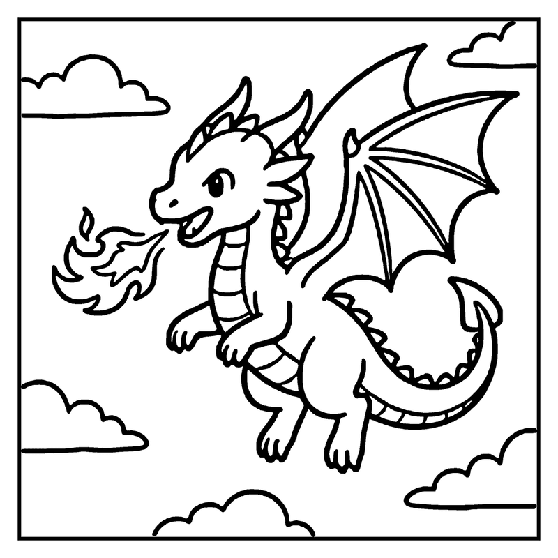 A dragon with wings and a tail is flying in the sky, breathing fire, and surrounded by clouds
