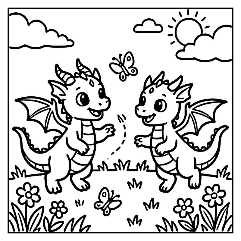 Two cute dragons are happily playing in a sunny garden with flowers and butterflies