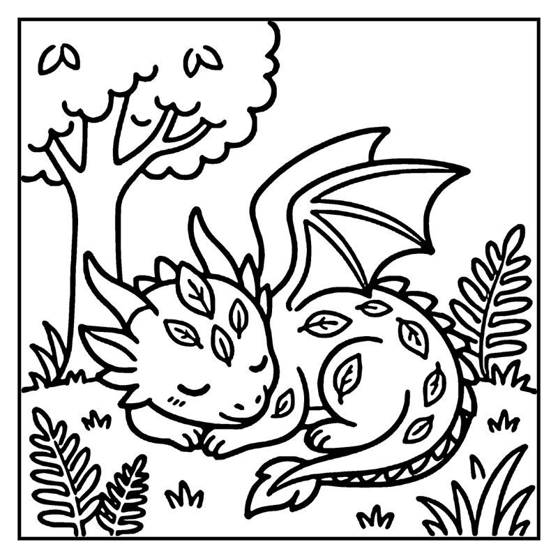 Two dragon heads with leafy patterns, resting in a grassy area with a tree in the background