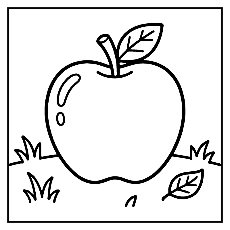 An apple with a stem and leaf is lying on grass, a fall coloring page