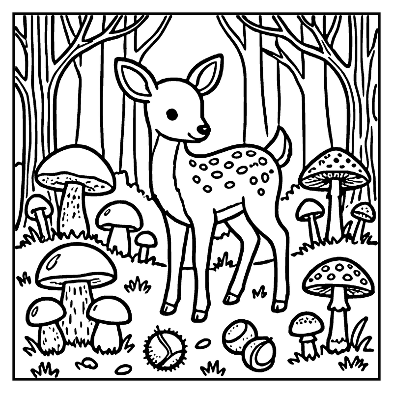 A baby deer stands in a forest, surrounded by mushrooms and acorns, a fall coloring page