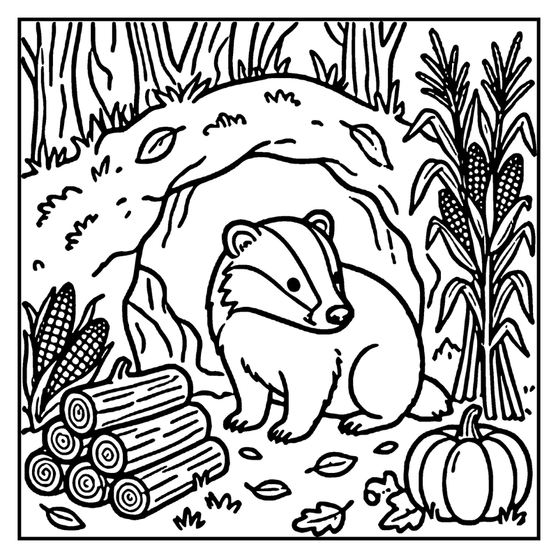 A badger stands in a forest, surrounded by logs, corn cobs, and a pumpkin, a fall coloring page
