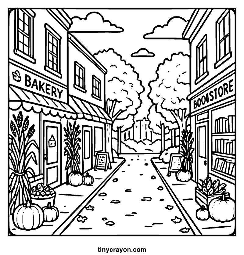 A bakery and a book store stand side by side on a leafy street, surrounded by pumpkins and autumn leaves, a fall coloring page